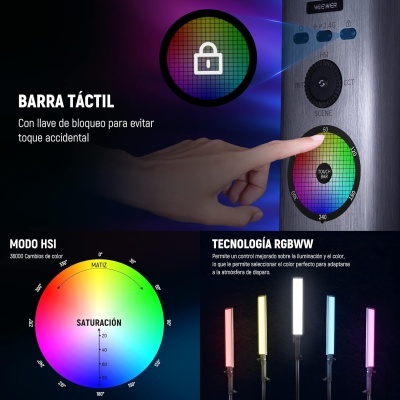 Painel táctil colorido em dispositivo metálico com luzes LED coloridas