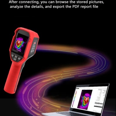 Câmara térmica vermelha ligada a portátil com interface de análise térmica