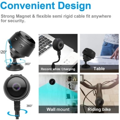 Câmara de vigilância preta com design magnético e flexível mostrado em vários ambientes