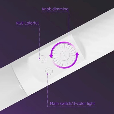 Comando de luz branco com botões circulares e texto sobre funções