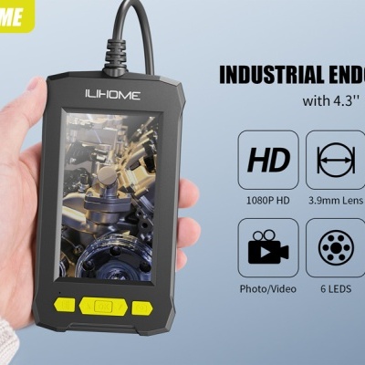 Endoscópio industrial LIHOME com ecrã de 4,3 polegadas e várias funcionalidades destacadas.