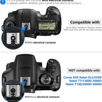 Topo de duas câmaras DSLR a mostrar compatibilidade de acessório com contactos elétricos