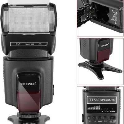 flash de câmara fotográfica preto com marca NEEWER e modelo TT 560 SPEEDLITE