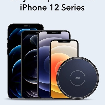 iPhones da série 12 com carregador sem fios ESR e texto de compatibilidade