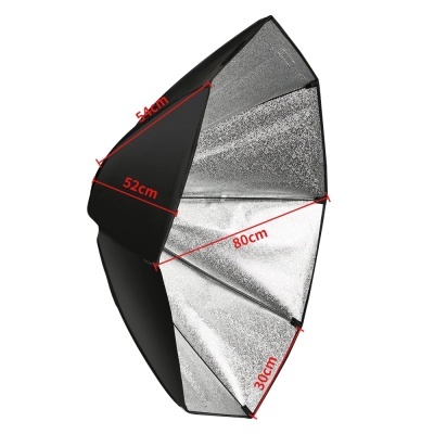 Guarda-chuva fotográfico preto com interior prateado e medidas em vermelho
