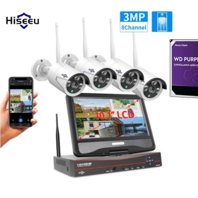 Conjunto de segurança com câmaras, DVR com ecrã e cartão WD Purple
