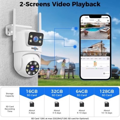 Câmara de vigilância Hiseeu com duas janelas de vídeo no smartphone e tabela de capacidades de cartões SD