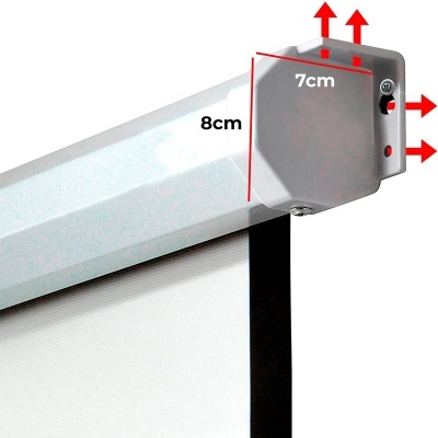 Ecrã de projeção branco com caixa cinzenta superior e moldura preta