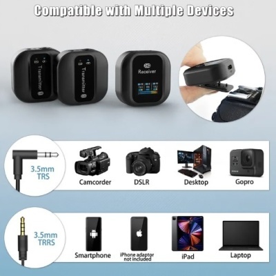 Dispositivos eletrônicos pretos com texto 'Transmitter' e 'Receiver', cabos 3.5mm e ícones de dispositivos compatíveis.