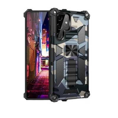 Capa protetora smartphone camuflado cinza com suporte e textura antiderrapante