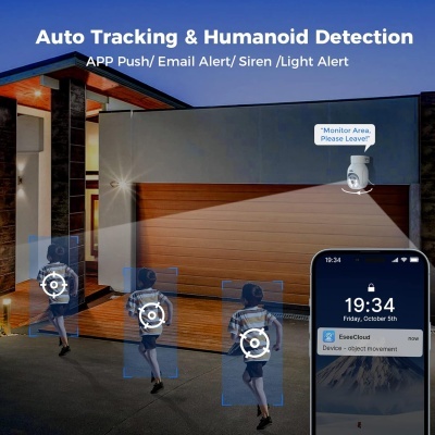 Câmara de segurança exterior branca com detecção de movimento e alerta via app em smartphone