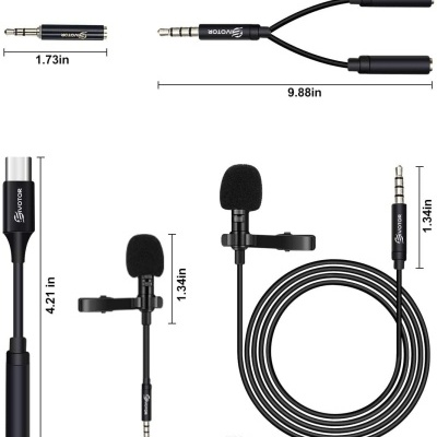 Microfone de lapela preto com cabo e adaptadores