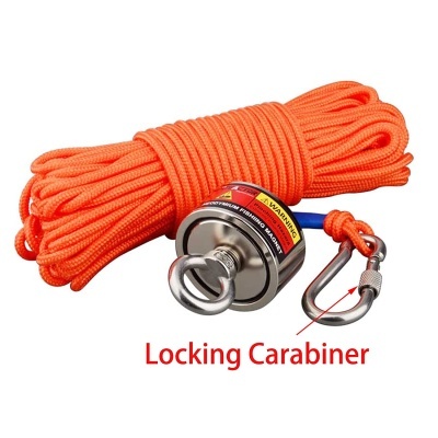 Corda laranja com mosquetão de bloqueio e íman com etiqueta
