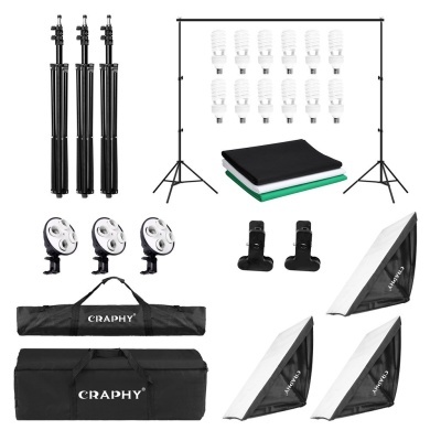 Kit de iluminação para fotografia com tripés, luzes, lâmpadas, refletores, fundos e bolsas pretas