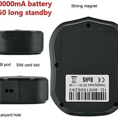 Dispositivo preto com porta USB, slot para SIM, etiqueta com código de barras e texto sobre bateria e standby
