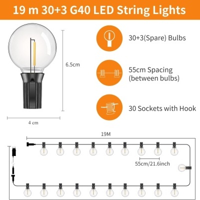 Ilustração de luzes de corda LED G40 com dimensões e especificações técnicas