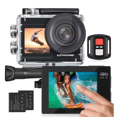 Câmara ação com estojo transparente, ecrã tátil a cores, comando remoto e baterias