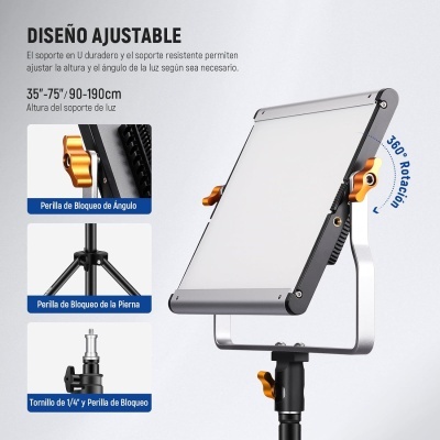 Suporte ajustável de luz cinza e preto com detalhes em laranja e texto explicativo em espanhol.
