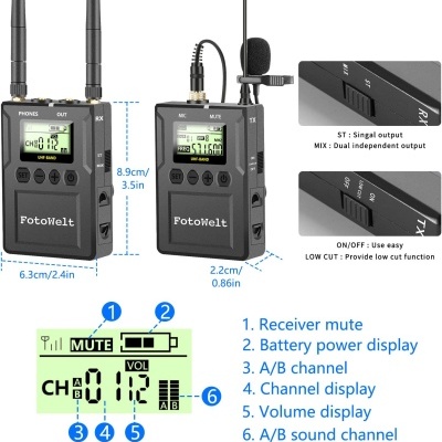 Dois rádios comunicadores FotoWelt pretos com ecrã digital e microfone de lapela
