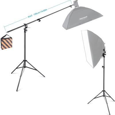 Conjunto de iluminação de estúdio com tripé, braço extensível e softboxes cinza e branco