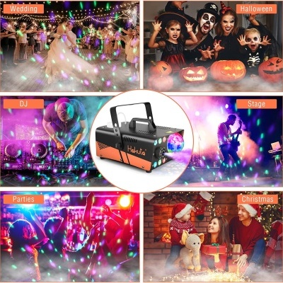 Luz de discoteca LED preta com detalhes laranja rodeada por fotos de eventos festivos com iluminação colorida