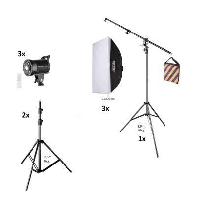 Equipamento fotográfico com luzes, suportes e um softbox Godox