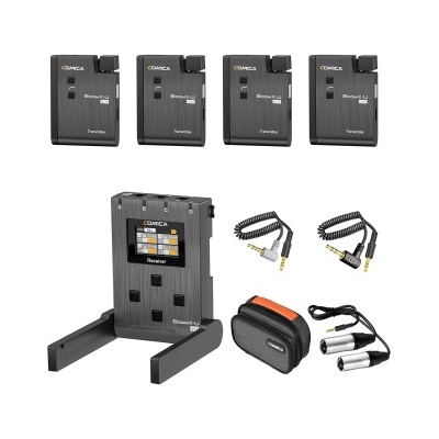 Equipamento áudio Comica para gravação com transmissores, receptor, cabos e estojo