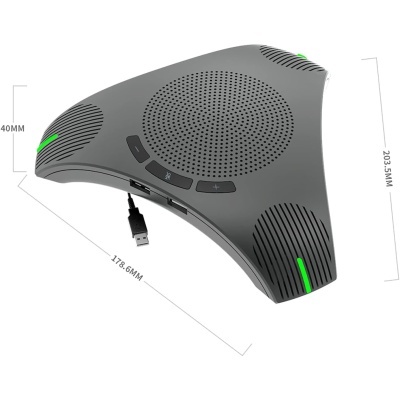Dispositivo de conferência triangular cinza com LED verdes e cabo USB