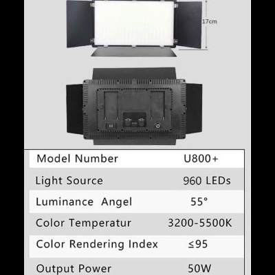 Luz LED profissional preta com abas ajustáveis e painel branco, modelo U800+ com especificações técnicas
