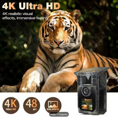 Câmara de vigilância camuflada com texto 4K Ultra HD e imagem de tigre ao fundo