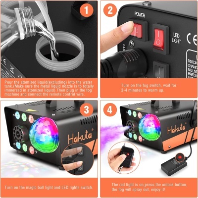 Máquina de nevoeiro preta com luzes LED coloridas e controle remoto