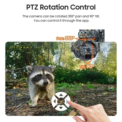 Câmara de caça camuflada em árvore com interface a mostrar controlo de rotação via app