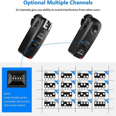 Dois dispositivos eletrónicos pretos com configurações de canais e quadro de combinações de interruptores