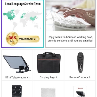 Conjunto de acessórios para teleprompter com imagens individuais em fundo branco.