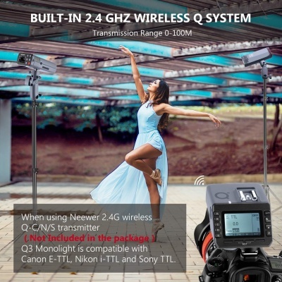 Dançarina azul sob estrutura metálica com equipamento fotográfico e texto sobre sistema sem fios 2.4 GHz