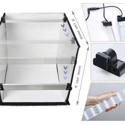 Tenda de fotografia em tecido branco com armação metálica e barra de luz LED ajustável