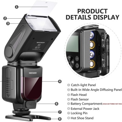 Flash para câmara NEWEER preto com painel difusor e compartimento para pilhas AA