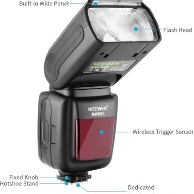 Flash de câmara fotográfica preto Neewer NW580 com várias etiquetas explicativas