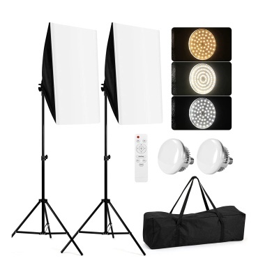 Kit de iluminação fotográfica com softboxes, lâmpadas LED, comando remoto e bolsa de transporte preta