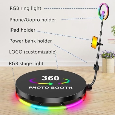 Plataforma 360 photo booth preta com luzes coloridas e suporte para dispositivos