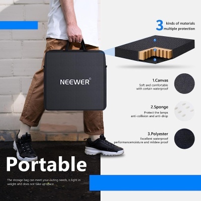 Mala portátil preta NEEWER com detalhes de materiais e proteção