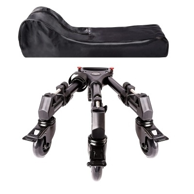 Tripé profissional compacto preto com três pernas e rodas e bolsa de transporte preta