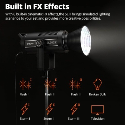 Luz de estúdio Godox SL300III com texto sobre efeitos de iluminação FX