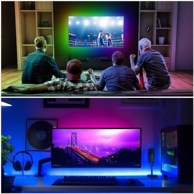 Dois ambientes com televisões de ecrã plano e iluminação LED colorida