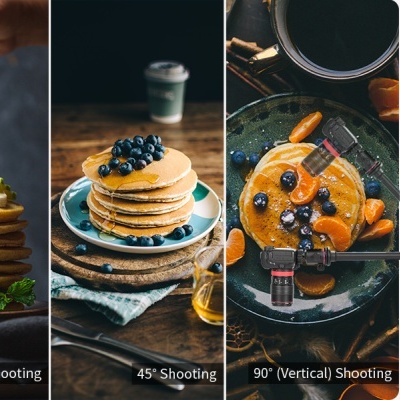 Panquecas com mirtilos em pratos à mesa com diferentes ângulos de fotografia e tripé com câmara.