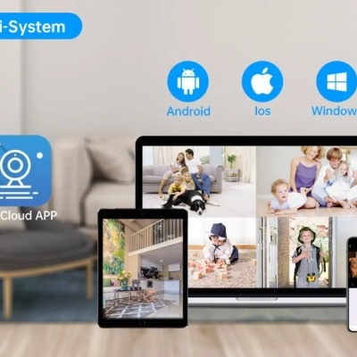 Sistema de vigilância multi-plataforma com app EseeCloud visível em dispositivos