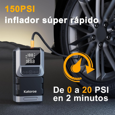 Compressor de ar digital Katoroe com ecrã LED e mangueira ligado a pneu de carro
