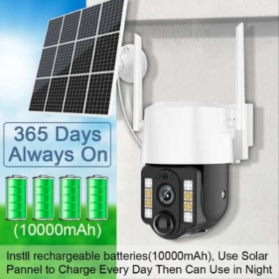 Câmara de segurança com painel solar e texto explicativo