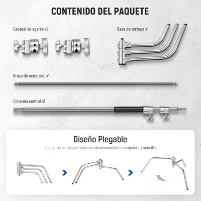 Componentes metálicos com descrição em espanhol mostrando partes e design plegable