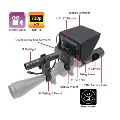Câmara 720p HD montada em mira telescópica com visor LCD e luz infravermelha